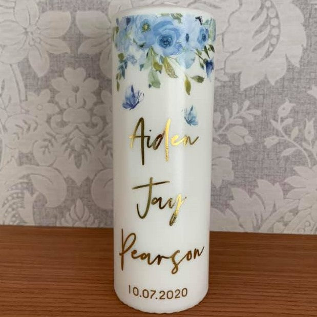 Blue Floral Butterfly Memorial Candle