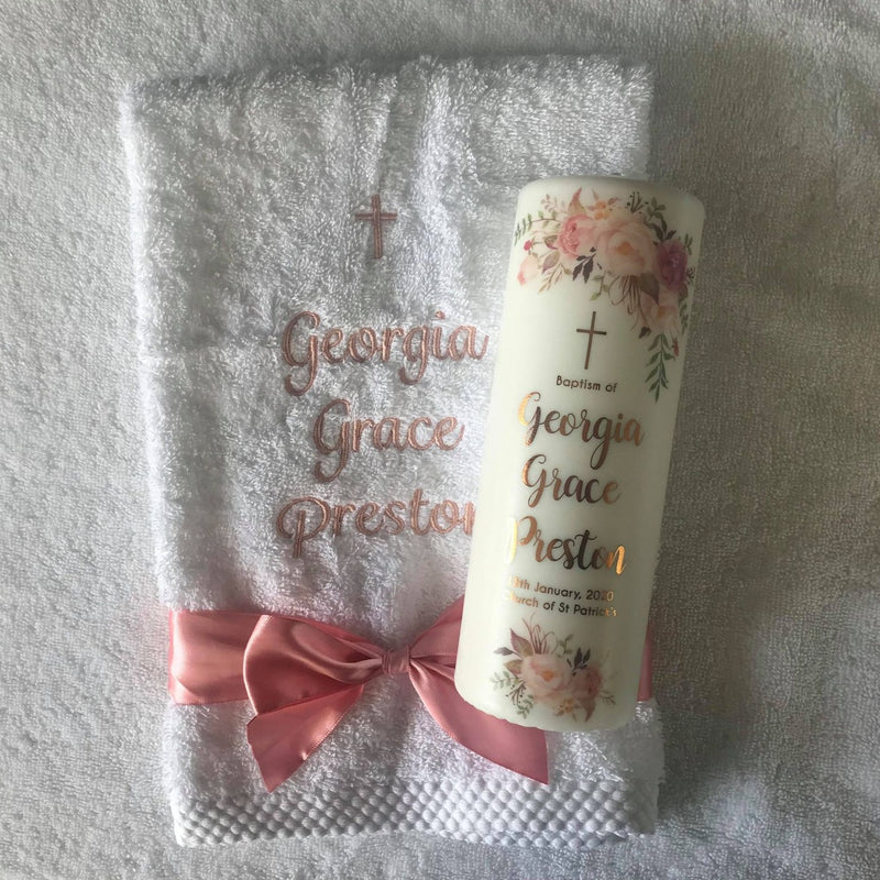 Baptism Christening Candle & Embroidered Hand Towel