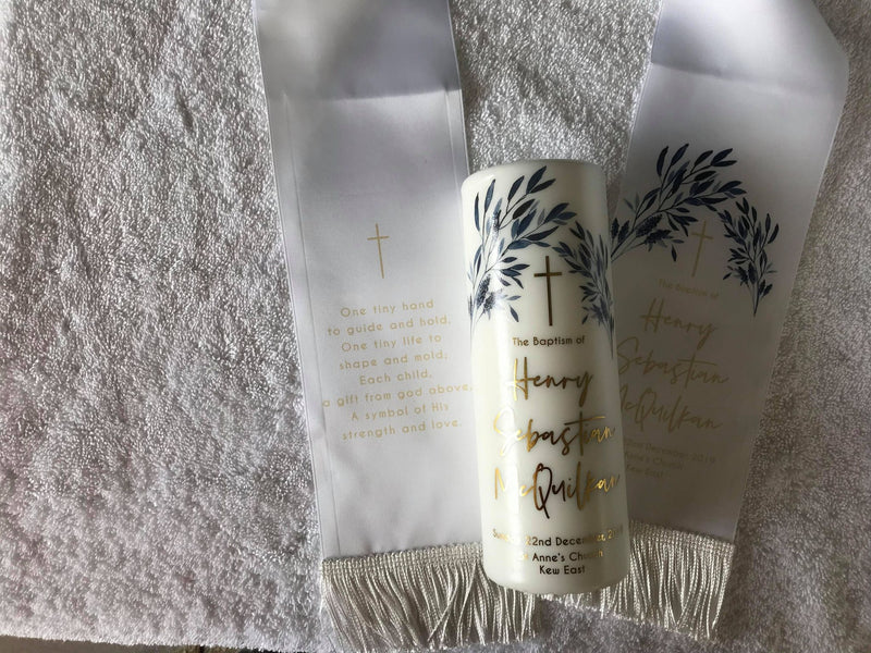 Baptism Christening Stole, Candle Trio, Embroidered Hand Towel & Keepsake Box