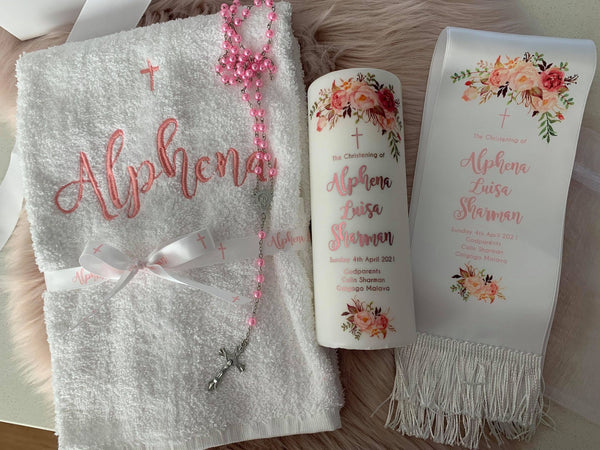 Baptism Christening Candle, stole, rosary beads, Embroidered Hand Towel and keepsake box