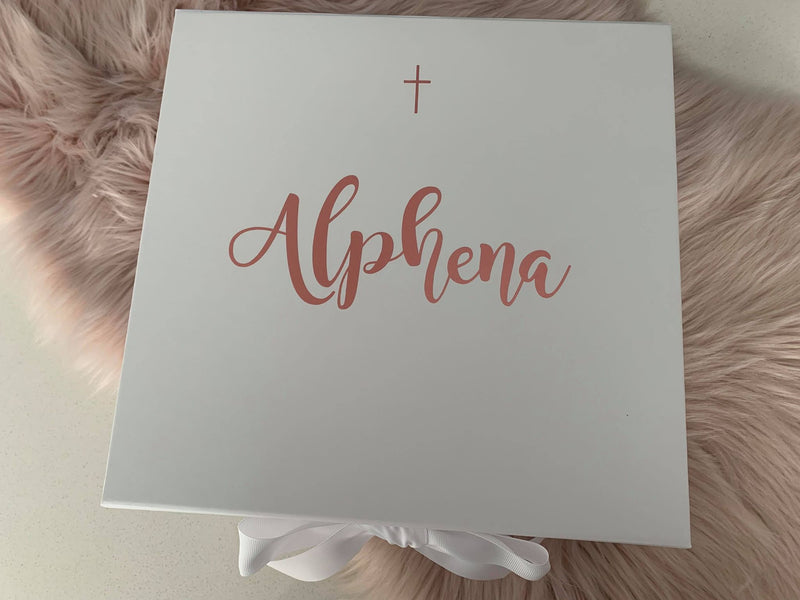 Baptism Christening Candle, stole, rosary beads, Embroidered Hand Towel and keepsake box