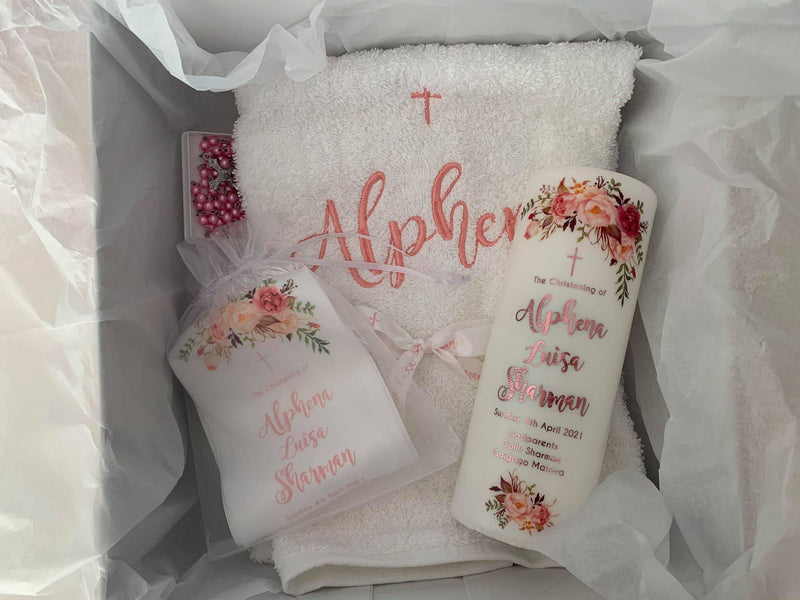 Baptism Christening Candle, stole, rosary beads, Embroidered Hand Towel and keepsake box