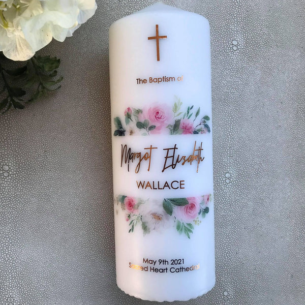 baptism candle with pink florals