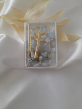 Baptism Christening Candle, stole, rosary beads, Embroidered Hand Towel and keepsake box