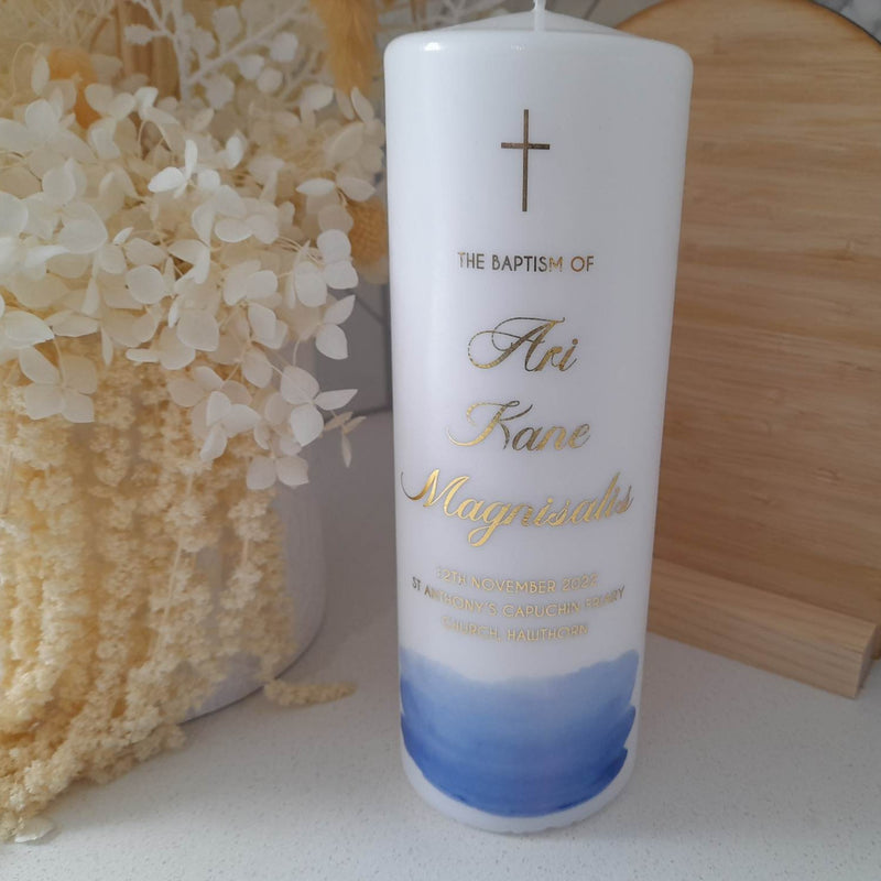 'Blue Watercolour' Baptism Christening Candle