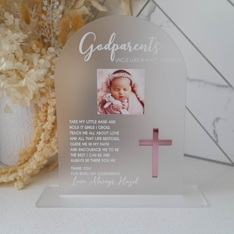 GODPARENT PROPOSAL PLAQUE ARCH WITH ACRYLIC CROSS