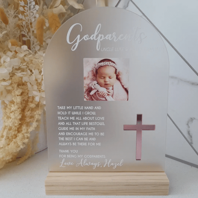 GODPARENT PROPOSAL PLAQUE ARCH WITH ACRYLIC CROSS