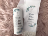 Baptism Christening Stole & Trio Candles, embroidered hand towel and 28x28 hamper keepsake box