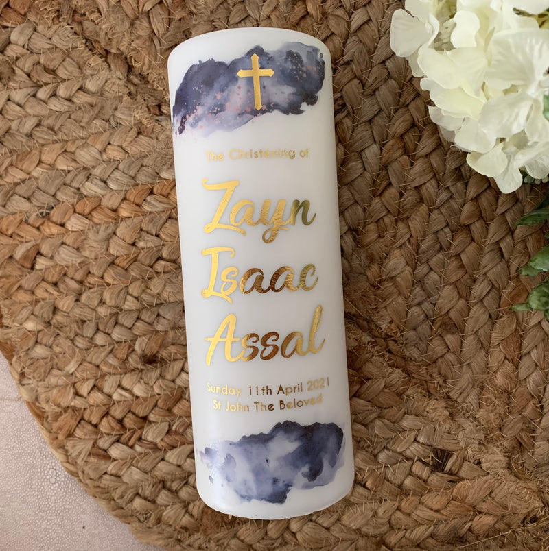 'Navy Watercolour' Baptism Christening Candle