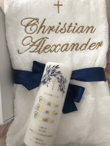 Baptism Christening Candle, Keepsake Box and Embroidered Bath Towel Package