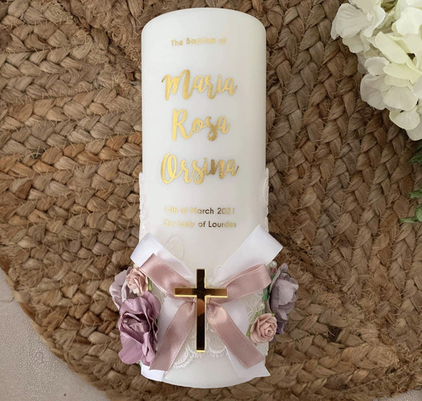 baptism candle with paper florals